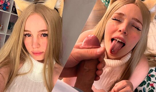 Young blonde with piercing received sperm in her mouth...