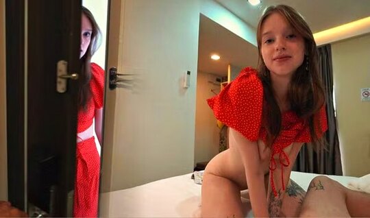 Young chick with smooth pussy sits on a dick...